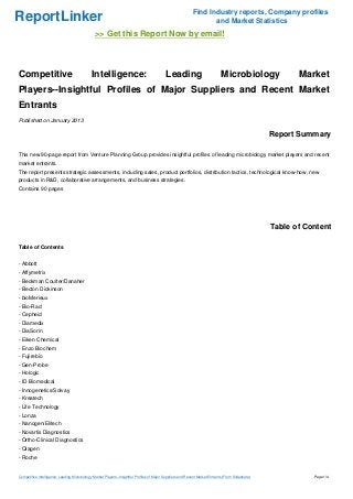 Find Industry reports, Company profiles
ReportLinker                                                                                                        and Market Statistics
                                               >> Get this Report Now by email!



Competitive                                   Intelligence:                                 Leading                            Microbiology                 Market
Players--Insightful Profiles of Major Suppliers and Recent Market
Entrants
Published on January 2013

                                                                                                                                                     Report Summary

This new 90-page report from Venture Planning Group provides insightful profiles of leading microbiology market players and recent
market entrants.
The report presents strategic assessments, including sales, product portfolios, distribution tactics, technological know-how, new
products in R&D, collaborative arrangements, and business strategies.
Contains 90 pages




                                                                                                                                                     Table of Content

Table of Contents


- Abbott
- Affymetrix
- Beckman Coulter/Danaher
- Becton Dickinson
- bioMerieux
- Bio-Rad
- Cepheid
- Diamedix
- DiaSorin
- Eiken Chemical
- Enzo Biochem
- Fujirebio
- Gen-Probe
- Hologic
- ID Biomedical
- Innogenetics/Solvay
- Kreatech
- Life Technology
- Lonza
- Nanogen/Elitech
- Novartis Diagnostics
- Ortho-Clinical Diagnostics
- Qiagen
- Roche


Competitive Intelligence: Leading Microbiology Market Players--Insightful Profiles of Major Suppliers and Recent Market Entrants (From Slideshare)              Page 1/4
 