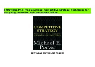 DOWNLOAD ON THE LAST PAGE !!!!
[#Download%] (Free Download) Competitive Strategy: Techniques for Analyzing Industries and Competitors Ebook Now nearing its 60th printing in English and translated into nineteen languages, Michael E. Porter's Competitive Strategy has transformed the theory, practice, and teaching of business strategy throughout the world. Electrifying in its simplicity -- like all great breakthroughs -- Porter's analysis of industries captures the complexity of industry competition in five underlying forces. Porter introduces one of the most powerful competitive tools yet developed: his three generic strategies -- lowest cost, differentiation, and focus -- which bring structure to the task of strategic positioning. He shows how competitive advantage can be defined in terms of relative cost and relative prices, thus linking it directly to profitability, and presents a whole new perspective on how profit is created and divided. In the almost two decades since publication, Porter's framework for predicting competitor behavior has transformed the way in which companies look at their rivals and has given rise to the new discipline of competitor assessment. More than a million managers in both large and small companies, investment analysts, consultants, students, and scholars throughout the world have internalized Porter's ideas and applied them to assess industries, understand competitors,, and choose competitive positions. The ideas in the book address the underlying fundamentals of competition in a way that is independent of the specifics of the ways companies go about competing. Competitive Strategy has filled a void in management thinking. It provides an enduring foundation and grounding point on which all subsequent work can be built. By bringing a disciplined structure to the question of how firms achieve superior profitability, Porter's rich frameworks and deep insights comprise a sophisticated view of competition unsurpassed in the last quarter-century.
[#Download%] (Free Download) Competitive Strategy: Techniques for
Analyzing Industries and Competitors Online
 