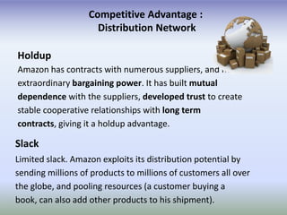 Competitive Advantage :
                     Distribution Network

Holdup
Amazon has contracts with numerous suppliers, and has
extraordinary bargaining power. It has built mutual
dependence with the suppliers, developed trust to create
stable cooperative relationships with long term
contracts, giving it a holdup advantage.

Slack
Limited slack. Amazon exploits its distribution potential by
sending millions of products to millions of customers all over
the globe, and pooling resources (a customer buying a
book, can also add other products to his shipment).
 