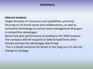 Summary


Internal analysis:
Target develops its resources and capabilities, primarily
focusing on its brand name and collaborations, as well as
innovative technology to control store management that gave
it competitive advantages
Kmart had poor performance according to the VRIO analysis.
The company did not respond or defend itself from other
threats and lost the advantages that it had.
 This is a death sentence for Kmart in the long run if it will not
change its strategy.
 