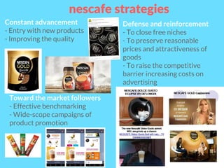 Constant advancement
- Entry with new products
- Improving the quality
nescafe strategies
Defense and reinforcement
- To close free niches
- To preserve reasonable
prices and attractiveness of
goods
- To raise the competitive
barrier increasing costs on
advertising
Toward the market followers
- Effective benchmarking
- Wide-scope campaigns of
product promotion
 