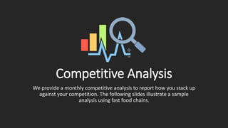 Competitive Analysis
We provide a monthly competitive analysis to report how you stack up
against your competition. The following slides illustrate a sample
analysis using fast food chains.
 