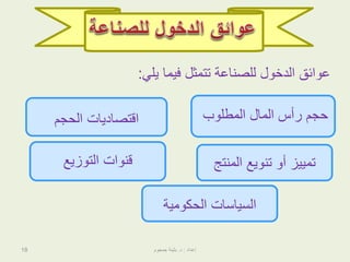 18
‫يلي‬ ‫فيما‬ ‫تتمثل‬ ‫للصناعة‬ ‫الدخول‬ ‫عوائق‬:
‫التوزيع‬ ‫قنوات‬ ‫المنتج‬ ‫تنويع‬ ‫أو‬ ‫تمييز‬
‫الحجم‬ ‫اقتصاديات‬ ‫المطلوب‬ ‫المال‬ ‫رأس‬ ‫حجم‬
‫إعداد‬:‫د‬.‫جمجوم‬ ‫بثينة‬
‫الحكومية‬ ‫السياسات‬
 