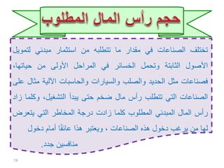 ‫تختلف‬‫الصناعات‬‫في‬‫مقدار‬‫ما‬‫تتطلبه‬‫من‬‫استثمار‬‫مبدئي‬‫لت‬‫مويل‬
‫األصول‬‫الثابتة‬‫وتحمل‬‫الخسائر‬‫في‬‫المراحل‬‫األولى‬‫من‬،‫حياتها‬
‫فصناعات‬‫مثل‬‫الحديد‬‫والصلب‬‫والسيارات‬‫والحاسبات‬‫اآللية‬‫مث‬‫ال‬‫على‬
‫الصناعات‬‫التي‬‫تتطلب‬‫رأس‬‫مال‬‫ضخم‬‫حتى‬‫يبدأ‬،‫التشغيل‬‫وك‬‫لما‬‫زاد‬
‫رأس‬‫المال‬‫المبدئي‬‫المطلوب‬‫كلما‬‫زادت‬‫درجة‬‫المخاطر‬‫التي‬‫يتعرض‬
‫لها‬‫من‬‫يرغب‬‫دخول‬‫هذه‬‫الصناعات‬،‫ويعتبر‬‫هذا‬‫ا‬ً‫ق‬‫عائ‬‫أمام‬‫دخول‬
‫منافسين‬‫جدد‬.
19
 