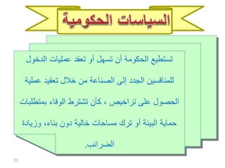 ‫الدخول‬ ‫عمليات‬ ‫تعقد‬ ‫أو‬ ‫تسهل‬ ‫أن‬ ‫الحكومة‬ ‫تستطيع‬
‫عمل‬ ‫تعقيد‬ ‫خالل‬ ‫من‬ ‫الصناعة‬ ‫إلى‬ ‫الجدد‬ ‫للمنافسين‬‫ية‬
‫بمت‬ ‫الوفاء‬ ‫تشترط‬ ‫كأن‬ ، ‫تراخيص‬ ‫على‬ ‫الحصول‬‫طلبات‬
‫وزيا‬ ،‫بناء‬ ‫دون‬ ‫خالية‬ ‫مساحات‬ ‫ترك‬ ‫أو‬ ‫البيئة‬ ‫حماية‬‫دة‬
‫الضرائب‬.
23
 