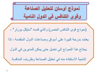 (‫الخمس‬ ‫التنافس‬ ‫قوى‬ ‫نموذج‬)‫قدمه‬ ‫والذي‬"‫مايكل‬‫بورتر‬"،
، ‫المتقدمة‬ ‫الدول‬ ‫وصناعات‬ ‫أسواق‬ ‫على‬ ‫كبيرة‬ ‫بدرجة‬ ‫يعتمد‬‫لذا‬
‫ال‬ ‫في‬ ‫للمديرين‬ ‫يمكن‬ ‫حتى‬ ‫تعديل‬ ‫إلى‬ ‫النموذج‬ ‫هذا‬ ‫يحتاج‬‫دول‬
‫المناف‬ ‫وظروف‬ ‫الصناعة‬ ‫تحليل‬ ‫في‬ ‫منه‬ ‫االستفادة‬ ‫النامية‬‫سة‬.
30
 