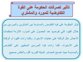 ‫تؤثر‬‫الحكومة‬‫على‬‫قوة‬‫التفاوض‬‫والمساومة‬‫بين‬‫المشترين‬‫والمور‬‫دين‬‫من‬
‫خالل‬‫القيود‬‫التي‬‫تفرضها‬‫عند‬‫الحصول‬‫على‬‫الموارد‬‫الالزمة‬‫لمنظم‬‫ات‬
‫األعمال‬.‫مثل‬‫الرقابة‬‫على‬‫عمليات‬‫االستيراد‬.‫وكلما‬‫زادت‬‫القيود‬‫أو‬‫ا‬‫لرقابة‬
‫على‬،‫االستيراد‬‫كلما‬‫زادت‬‫قوة‬‫الموردين‬‫المحليين‬‫على‬‫التفاوض‬
‫والمساومة‬‫حيث‬‫تصبح‬‫المصادر‬‫البديلة‬‫للتوريد‬،‫أقل‬‫والعكس‬‫ص‬‫حيح‬.
36
 