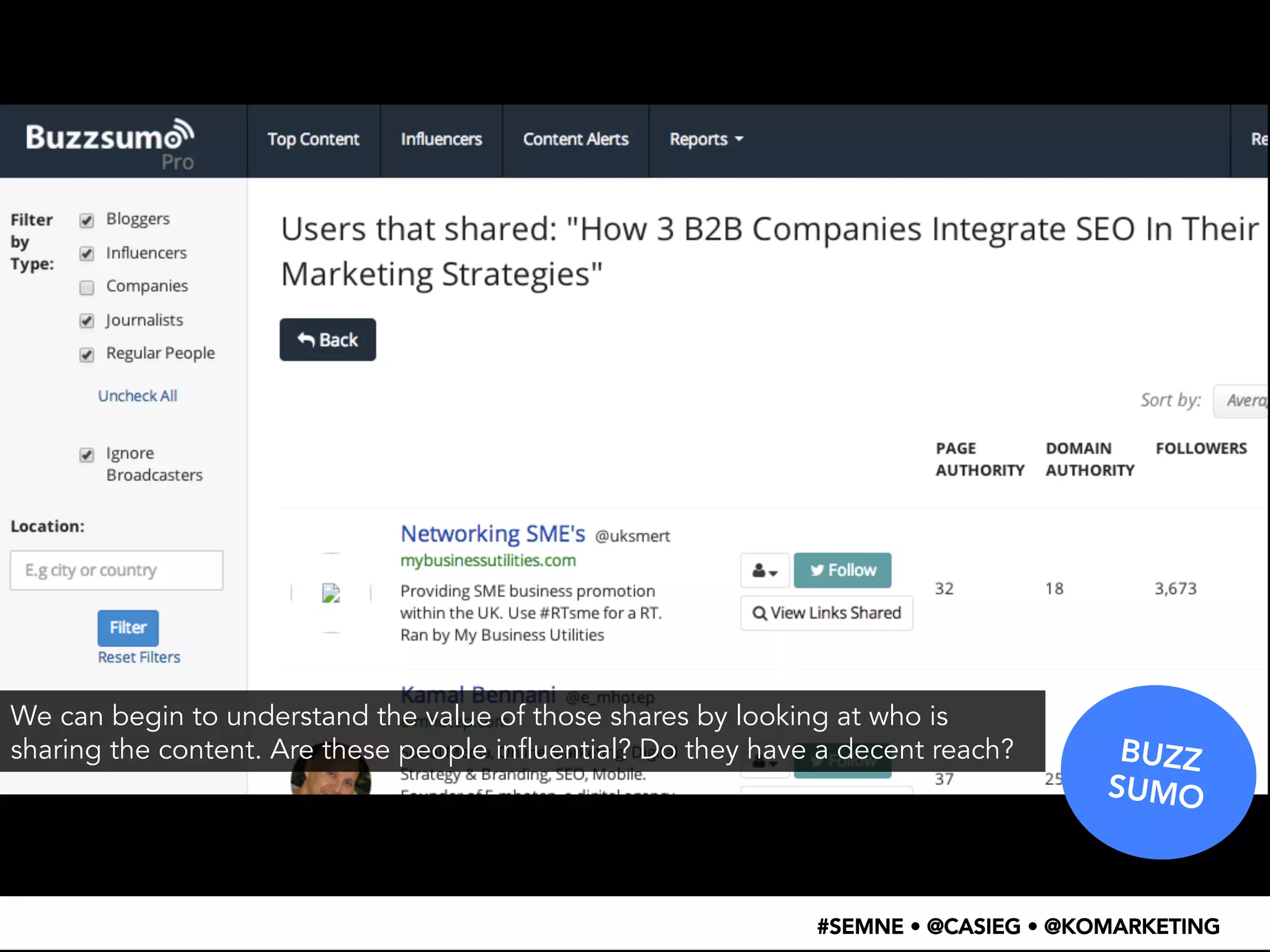 BUZZ 
SUMO 
We can begin to understand the value of those shares by looking at who is 
sharing the content. Are these people influential? Do they have a decent reach? 
#SEMNE • @CASIEG • @KOMARKETING 
 