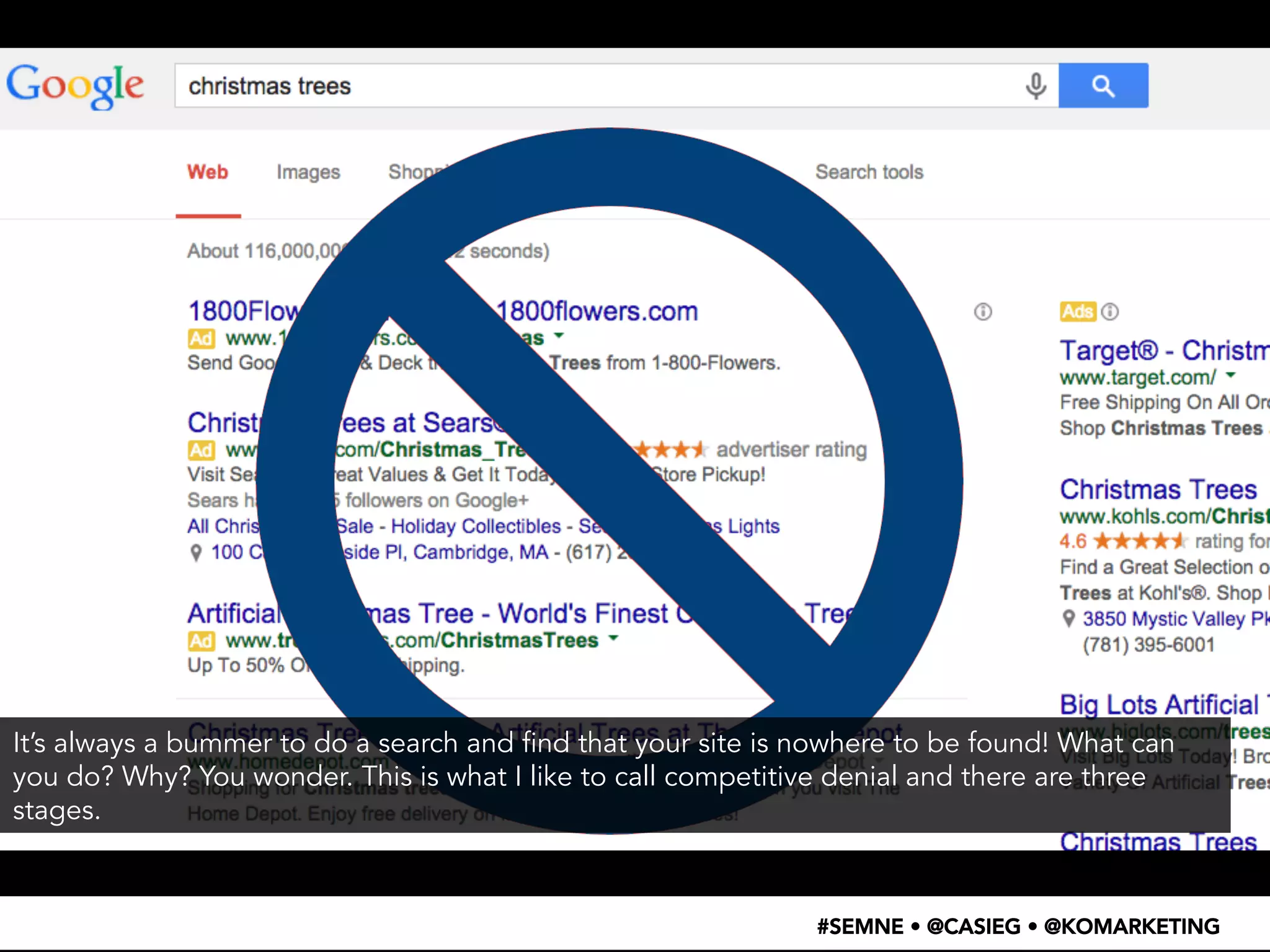 • WTF 
– 
search 
result 
screenshot 
It’s always a bummer to do a search and find that your site is nowhere to be found! What can 
you do? Why? You wonder. This is what I like to call competitive denial and there are three 
stages. 
#SEMNE • @CASIEG • @KOMARKETING 
 
