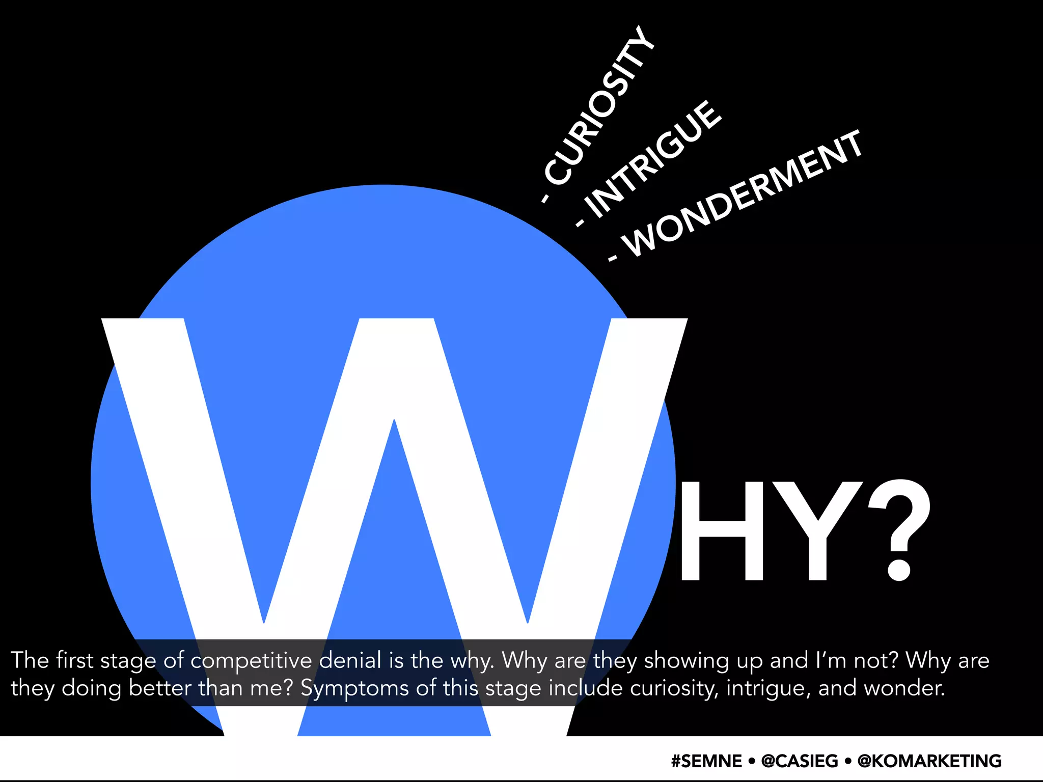 WHY? 
#SEMNE • @CASIEG • @KOMARKETING 
The first stage of competitive denial is the why. Why are they showing up and I’m not? Why are 
they doing better than me? Symptoms of this stage include curiosity, intrigue, and wonder. 
 