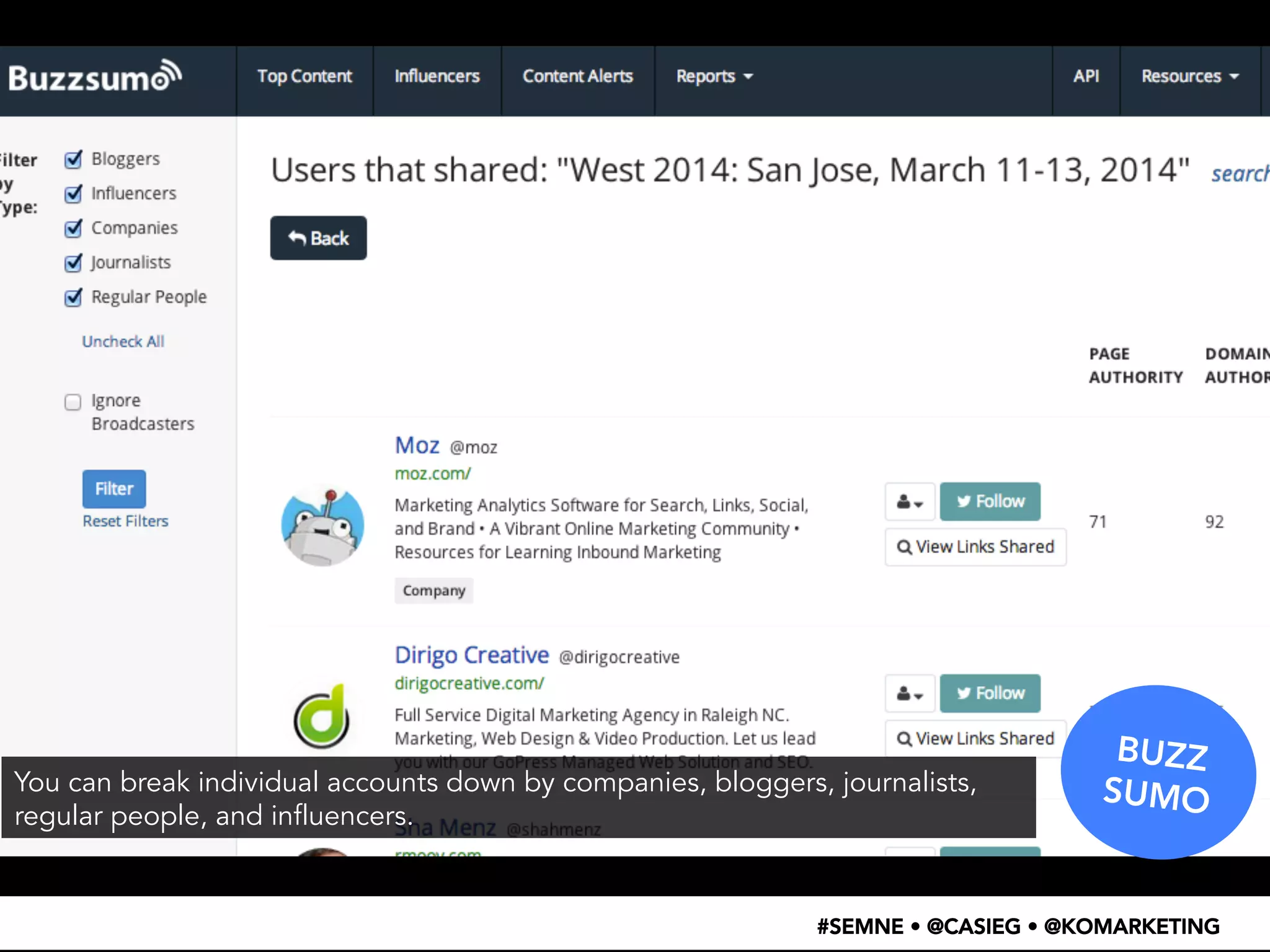 • SEO PLUGINS 
• A/B TESTING CODE 
• SCHEMA MARKUP 
• OPEN GRAPH TAGS 
• ADWORDS 
• ANALYTICS 
BUZZ 
SUMO 
You can break individual accounts down by companies, bloggers, journalists, 
regular people, and influencers. 
#SEMNE • @CASIEG • @KOMARKETING 
 
