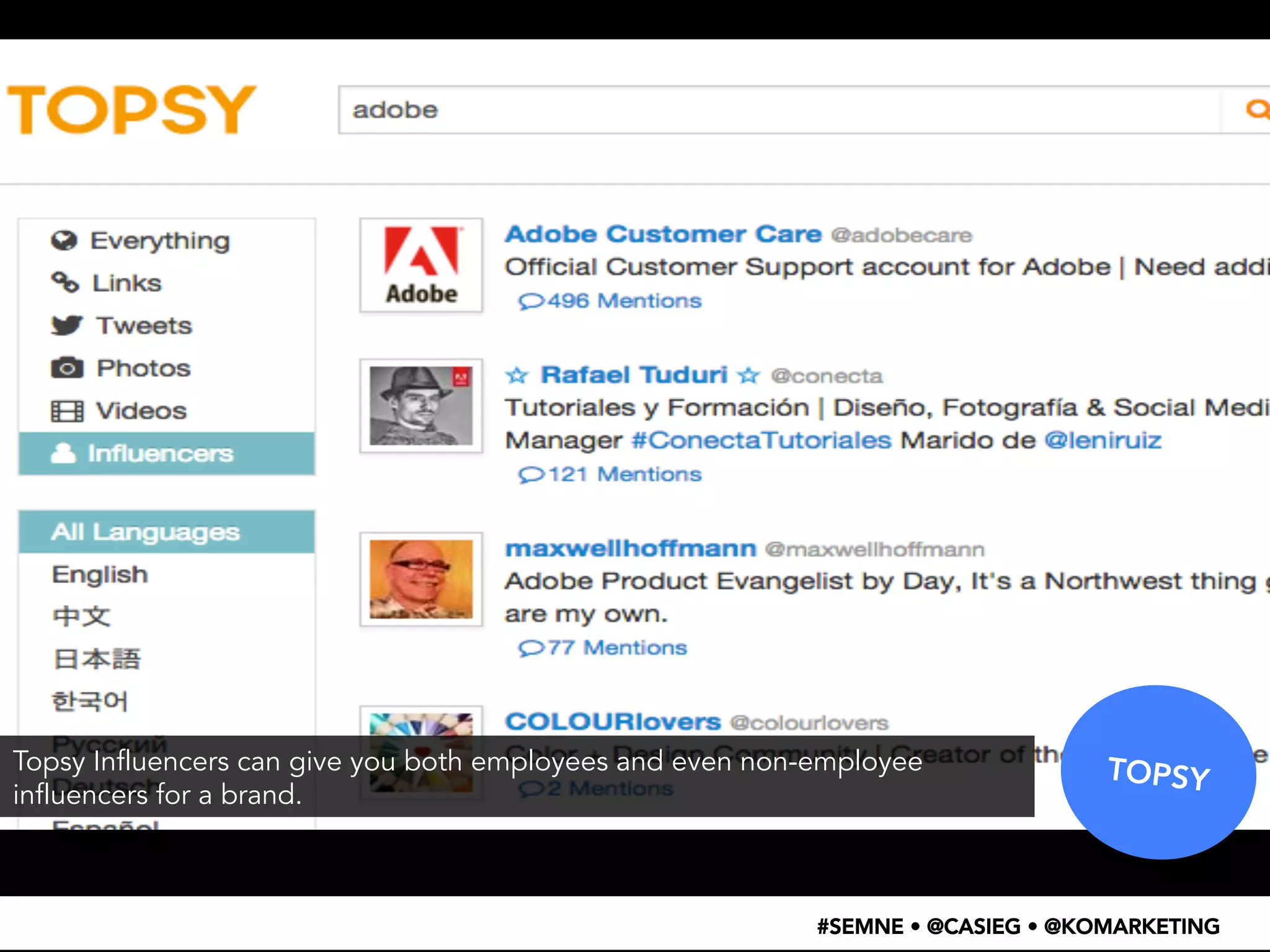 TOPSY 
Topsy Influencers can give you both employees and even non-employee 
influencers for a brand. 
#SEMNE • @CASIEG • @KOMARKETING 
 