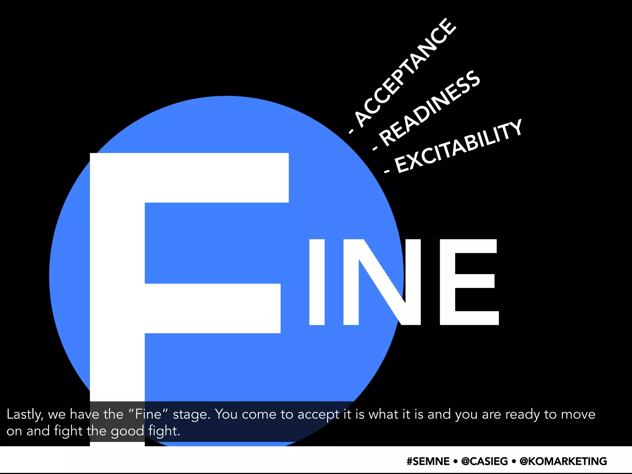 F 
- EXCITABILITY 
INE 
Lastly, we have the “Fine” stage. You come to accept it is what it is and you are ready to move 
on and fight the good fight. 
#SEMNE • @CASIEG • @KOMARKETING 
 