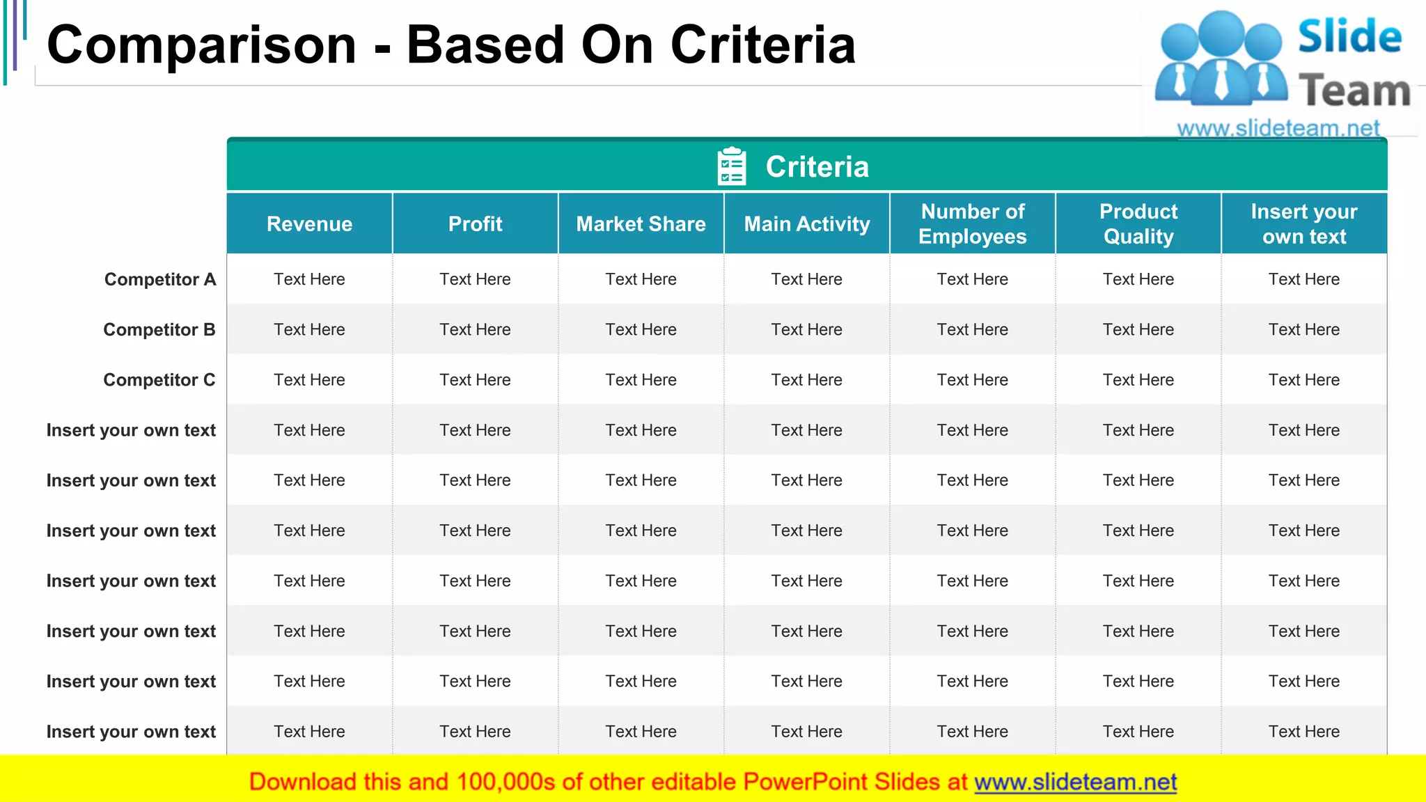 Comparison - Based On Criteria
4
Revenue Profit Market Share Main Activity
Number of
Employees
Product
Quality
Insert your
own text
Competitor A Text Here Text Here Text Here Text Here Text Here Text Here Text Here
Competitor B Text Here Text Here Text Here Text Here Text Here Text Here Text Here
Competitor C Text Here Text Here Text Here Text Here Text Here Text Here Text Here
Insert your own text Text Here Text Here Text Here Text Here Text Here Text Here Text Here
Insert your own text Text Here Text Here Text Here Text Here Text Here Text Here Text Here
Insert your own text Text Here Text Here Text Here Text Here Text Here Text Here Text Here
Insert your own text Text Here Text Here Text Here Text Here Text Here Text Here Text Here
Insert your own text Text Here Text Here Text Here Text Here Text Here Text Here Text Here
Insert your own text Text Here Text Here Text Here Text Here Text Here Text Here Text Here
Insert your own text Text Here Text Here Text Here Text Here Text Here Text Here Text Here
Criteria
 