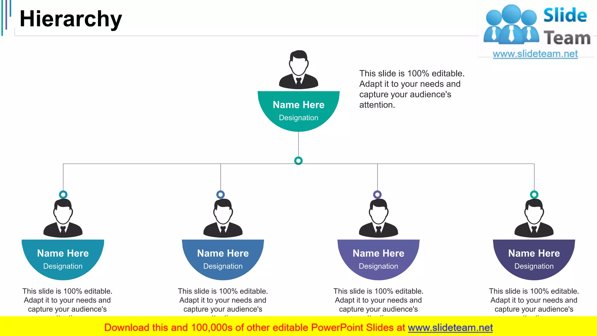 Hierarchy
47
This slide is 100% editable.
Adapt it to your needs and
capture your audience's
attention.Name Here
Designation
Name Here
Designation
This slide is 100% editable.
Adapt it to your needs and
capture your audience's
attention.
Name Here
Designation
This slide is 100% editable.
Adapt it to your needs and
capture your audience's
attention.
Name Here
Designation
This slide is 100% editable.
Adapt it to your needs and
capture your audience's
attention.
Name Here
Designation
This slide is 100% editable.
Adapt it to your needs and
capture your audience's
attention.
 