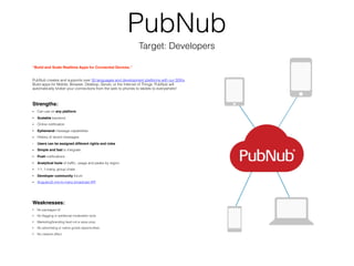 PubNub
“Build and Scale Realtime Apps for Connected Devices.”
PubNub creates and supports over 50 languages and developmen...