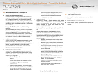 Company Confidential. Do Not Distribute
Thomson Reuters Cortellis for Clinical Trials Intelligence - Competitive Sell Card
TRIALTROVE
April 2013
01 | Major Differentiators for Cortellis for CTI
• Scientific and Precision Medicine Insights
Our extensive globally sourced clinical trials offer more than just
competitive intelligence; they offer unparalleled scientific insight
with ontologies including active controls, biomarkers, eligibility,
endpoints, design, adverse events, PoC trials, and more. Leverage
this to guide precision and translational medicine strategy. No one
offers as much search granularity as Cortellis for CTI, including over
30 dynamic filters.
• Coverage of medical device trials, and all trials involving
biomarkers
The clinical trial landscape cannot be assessed via drug trials alone.
Treatment-related and prophylactic medical device are increasingly
important to drug developers as are the hypothesis tested in
biomarker-only trials to better stratify patients. Coverage of these
trials also provides better planning abilities by understanding the
true competition for patients in a given geography or disease.
• Analytics and visualizations
Trialtrove does not include any analytics or visualizations. Though
Citeline does offer these, they involve separate purchases of
products or services. Even with such a purchase, the visualizations
are static; they cannot be tailored to a user’s specific query.
Cortellis for CTI includes over 20 ‘rank-by’ visualizations and a
Spotfire trial timeline viewer visualization.
• Modern interface and functionalities
Trialtrove clearly has an antiquated interface that does not offer
many of the features available in today’s web interfaces. Cortellis’
interface is state of the art. Besides being far easier to use overall,
these are distinct advantages:
• Dynamic filters (over 30)
• Relevancy
• Convert results (for those with Cortellis for CI access)
• Hompage portlets highlighting major activity
• Unlimited exports
• Tight drug pipeline integration, even for non-Cortellis
for CI subscribers. This allows the user to instantly know
and filter by: Is the sponsor the owner? Is it the first
time the intervention’s in this indication? What is the
MoA/class/technology? What is the highest status of
the intervention? Instant visibility into
subsidiary/acquired company/parent relationship.
• iPad compatible web portal
• Not just clinical trials
Cortellis for CTI includes a separate biomedical press release
database, medical meeting database and the coveted Derwent
Drug File literature database, whose granular indexing speeds
literature searching and includes over 220,000 clinical trial
outcomes going back to the 1960s.
• The Strategic Partner: Content Synergies and the Cortellis for CTI
API
Thomson Reuters Intellectual Property & Science is not just a
vendor. We are a strategic partner able to provide a host of
different content the way customers want it (mobile, API, CII), with
the expertise to leverage the synergies between different content
sets to provide unique insights into drug development. For
example, leverage…
• Regulatory and IRB timeline content to better predict
trial timelines
• Biomarker content to stratify patients and find optimal
surrogate endpoints
• Patent content to identify competitive trial precursors,
and identify patented indications not in the clinic for
licensing opportunities
• Preclinical study content to correlate preclinical drug
behavior to clinical outcomes to discover whether (and
which) preclinical models are true models of a human
system for a given disease
• Company content to quickly run analysis of trials by
sponsor types, such as revenue levels, headquarter
location, and forecasted revenue
• Deal content to better understand how trial results
influenced deal terms
• Disease briefings to get epidemiology overviews to
better target patient populations
02 | How They Sell Against Us
• Emphasize the breadth and depth of their drug-related clinical trial
content
• Emphasize their site and investigator data
• Include Citeline’s “Pipeline” drug pipeline product ‘for free’ with
Trialtrove
 