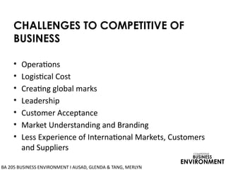CHALLENGES TO COMPETITIVE OF
BUSINESS
• Operations
• Logistical Cost
• Creating global marks
• Leadership
• Customer Acceptance
• Market Understanding and Branding
• Less Experience of International Markets, Customers
and Suppliers
COMPETITIVE
BUSINESS
ENVIRONMENT
BA 205 BUSINESS ENVIRONMENT I AUSAD, GLENDA & TANG, MERLYN
 