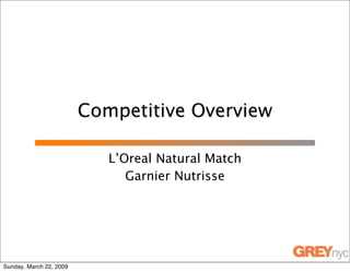 Competitive Overview

                            L’Oreal Natural Match
                               Garnier Nutrisse




Sunday, March 22, 2009
 