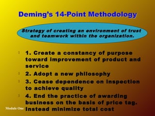  1. Create a constancy of purpose
toward improvement of product and
service
 2. Adopt a new philosophy
 3. Cease dependence on inspection
to achieve quality
 4. End the practice of awarding
business on the basis of price tag.
Instead minimize total costModule One
YouKaizen.com
Strategy of creating an environment of trust
and teamwork within the organization.
 