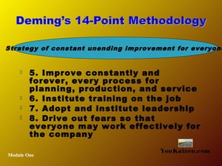  5. Improve constantly and
forever, every process for
planning, production, and service
 6. Institute training on the job
 7. Adopt and institute leadership
 8. Drive out fears so that
everyone may work effectively for
the company
Module One
YouKaizen.com
Strategy of constant unending improvement for everyone
 