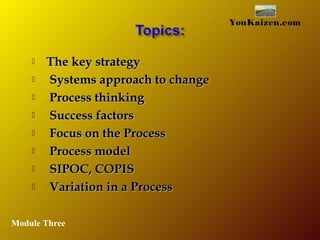  The key strategyThe key strategy
 Systems approach to changeSystems approach to change
 Process thinkingProcess thinking
 Success factorsSuccess factors
 Focus on the ProcessFocus on the Process
 Process modelProcess model
 SIPOC, COPISSIPOC, COPIS
 Variation in a ProcessVariation in a Process
YouKaizen.com
Module Three
 