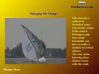 YouKaizen.com
Managing The Change
Like steering a
sailboat in
turbulent water
and stormy winds.
If the wind is
blowing at gale
force dead
broadside, you
have to make a
number of critical
choices.
The true sailor,
knowing these
choices works
with the wind.
Module Three
 