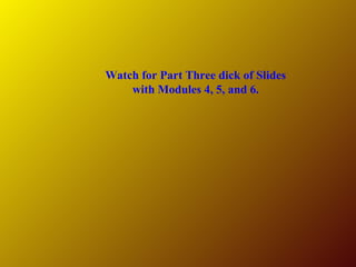 Watch for Part Three dick of Slides
with Modules 4, 5, and 6.
 