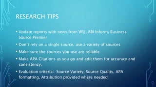 RESEARCH TIPS
• Update reports with news from WSJ, ABI Inform, Business
Source Premier
• Don’t rely on a single source, use a variety of sources
• Make sure the sources you use are reliable
• Make APA Citations as you go and edit them for accuracy and
consistency.
• Evaluation criteria: Source Variety, Source Quality, APA
formatting, Attribution provided where needed
 