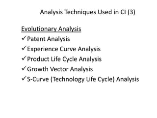 Analysis Techniques Used in CI (3)
Evolutionary Analysis
Patent Analysis
Experience Curve Analysis
Product Life Cycle Analysis
Growth Vector Analysis
S-Curve (Technology Life Cycle) Analysis
 