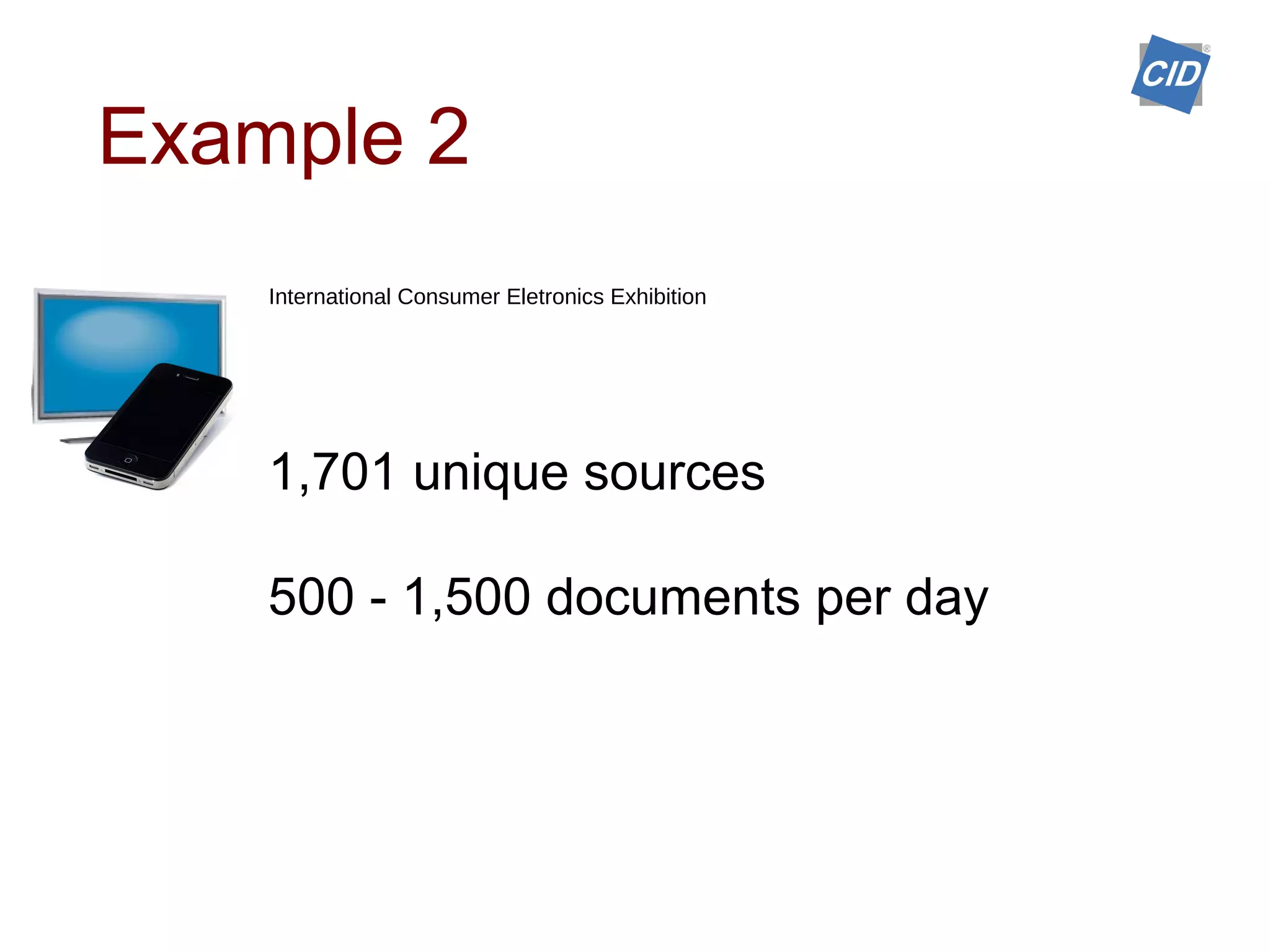 International Consumer Eletronics Exhibition
1,701 unique sources
500 - 1,500 documents per day
Example 2
 