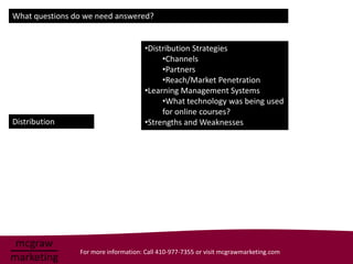 What questions do we need answered?


                                     •Distribution Strategies
                                          •Channels
                                          •Partners
                                          •Reach/Market Penetration
                                     •Learning Management Systems
                                          •What technology was being used
                                          for online courses?
Distribution                         •Strengths and Weaknesses




                For more information: Call 410-977-7355 or visit mcgrawmarketing.com
 