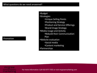 What questions do we need answered?


                                     •Budget
                                     •Strategies
                                          •Unique Selling Points
                                          •Positioning Strategy
                                          •Product and Service Offerings
                                          •Brand Image Strategy
                                     •Media Usage and Activity
                                          •Rebuild their Communication
                                          Plan
Promotion                            •Website evaluation
                                          •Social media
                                          •Content marketing
                                     •Partnerships




                For more information: Call 410-977-7355 or visit mcgrawmarketing.com
 