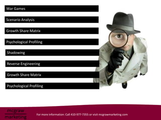 War Games

Scenario Analysis

Growth Share Matrix

Psychological Profiling

Shadowing

Reverse Engineering

Growth Share Matrix

Psychological Profiling




                    For more information: Call 410-977-7355 or visit mcgrawmarketing.com
 