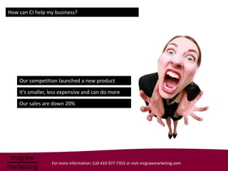 How can CI help my business?




    Our competition launched a new product

    It’s smaller, less expensive and can do more

    Our sales are down 20%




                  For more information: Call 410-977-7355 or visit mcgrawmarketing.com
 