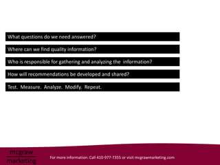 What questions do we need answered?

Where can we find quality information?

Who is responsible for gathering and analyzing the information?

How will recommendations be developed and shared?

Test. Measure. Analyze. Modify. Repeat.




                  For more information: Call 410-977-7355 or visit mcgrawmarketing.com
 
