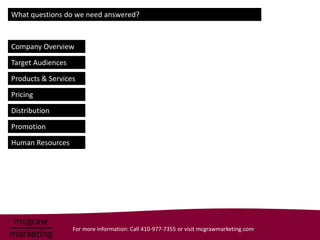 What questions do we need answered?



Company Overview

Target Audiences

Products & Services
Pricing

Distribution

Promotion

Human Resources




                   For more information: Call 410-977-7355 or visit mcgrawmarketing.com
 