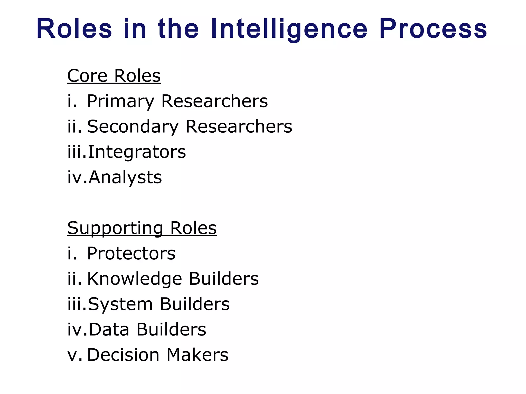 Roles in the Intelligence Process
Core Roles
i. Primary Researchers
ii. Secondary Researchers
iii.Integrators
iv.Analysts
Supporting Roles
i. Protectors
ii. Knowledge Builders
iii.System Builders
iv.Data Builders
v. Decision Makers
 