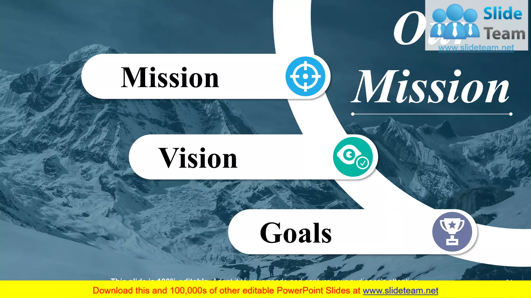 Mission
Vision
Goals
Our
Mission
This slide is 100% editable. Adapt it to your needs and capture your audience's attention. 31
 