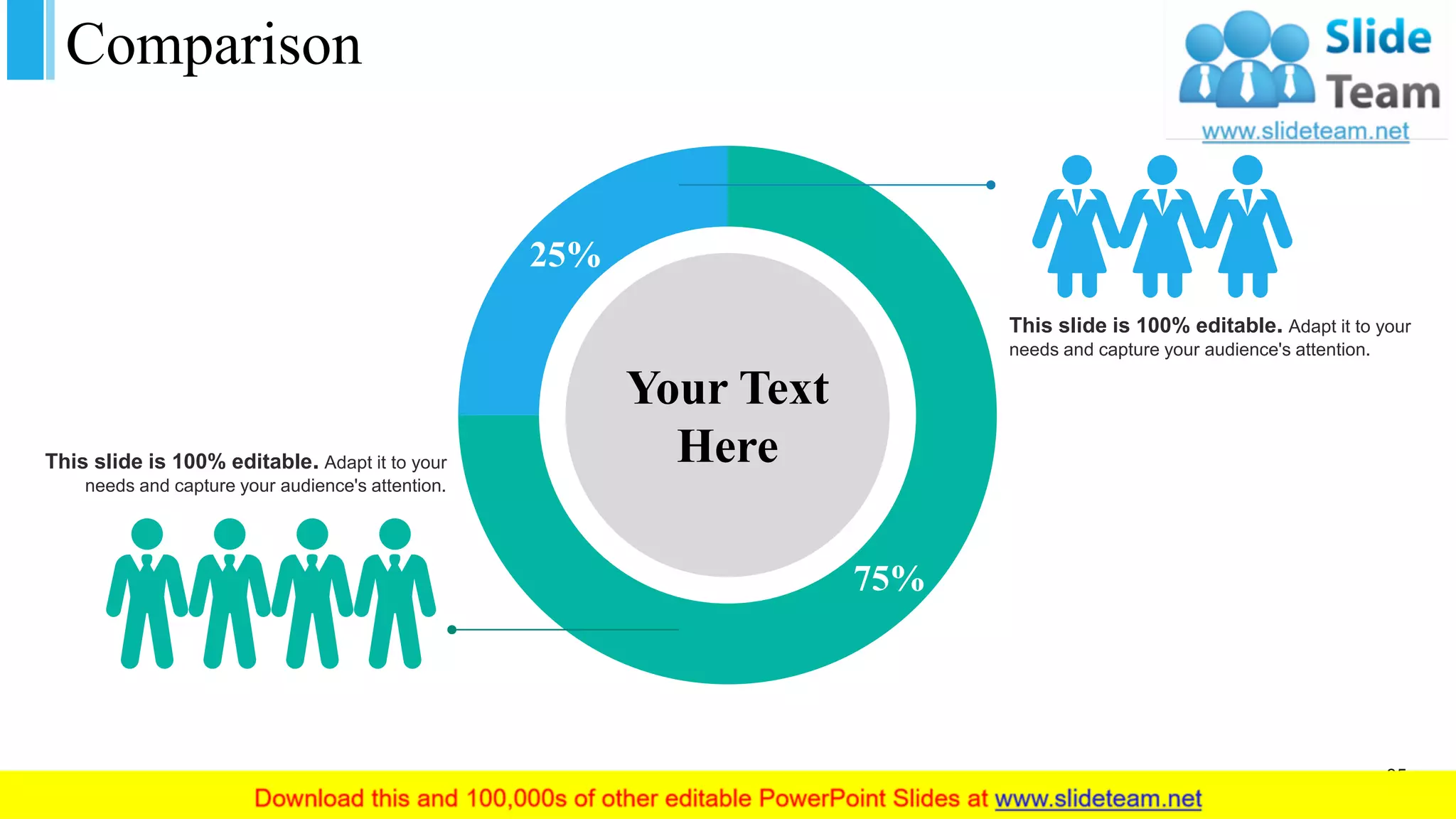 Comparison
75%
25%
Your Text
HereThis slide is 100% editable. Adapt it to your
needs and capture your audience's attention.
This slide is 100% editable. Adapt it to your
needs and capture your audience's attention.
35
 