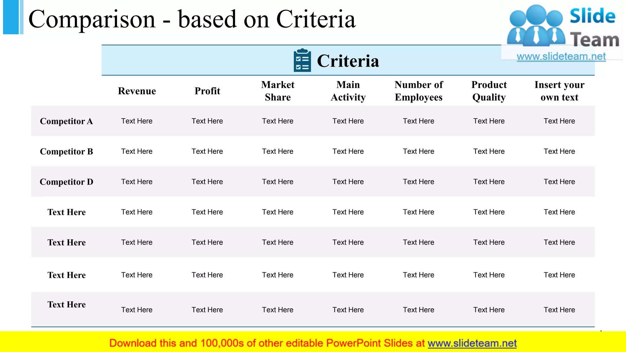 Comparison - based on Criteria
Criteria
Revenue Profit
Market
Share
Main
Activity
Number of
Employees
Product
Quality
Insert your
own text
Competitor A Text Here Text Here Text Here Text Here Text Here Text Here Text Here
Competitor B Text Here Text Here Text Here Text Here Text Here Text Here Text Here
Competitor D Text Here Text Here Text Here Text Here Text Here Text Here Text Here
Text Here Text Here Text Here Text Here Text Here Text Here Text Here Text Here
Text Here Text Here Text Here Text Here Text Here Text Here Text Here Text Here
Text Here Text Here Text Here Text Here Text Here Text Here Text Here Text Here
Text Here
Text Here Text Here Text Here Text Here Text Here Text Here Text Here
4
 