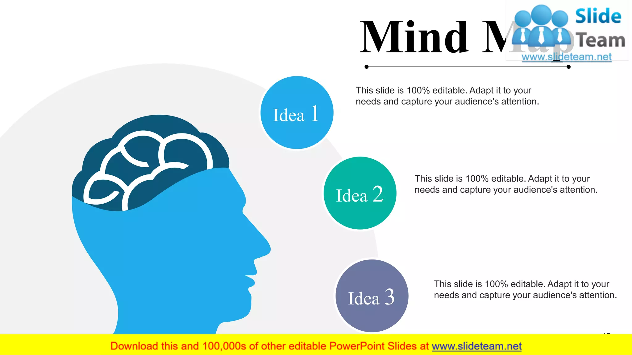 Idea 1
Idea 2
Idea 3
This slide is 100% editable. Adapt it to your
needs and capture your audience's attention.
This slide is 100% editable. Adapt it to your
needs and capture your audience's attention.
This slide is 100% editable. Adapt it to your
needs and capture your audience's attention.
Mind Map
45
 