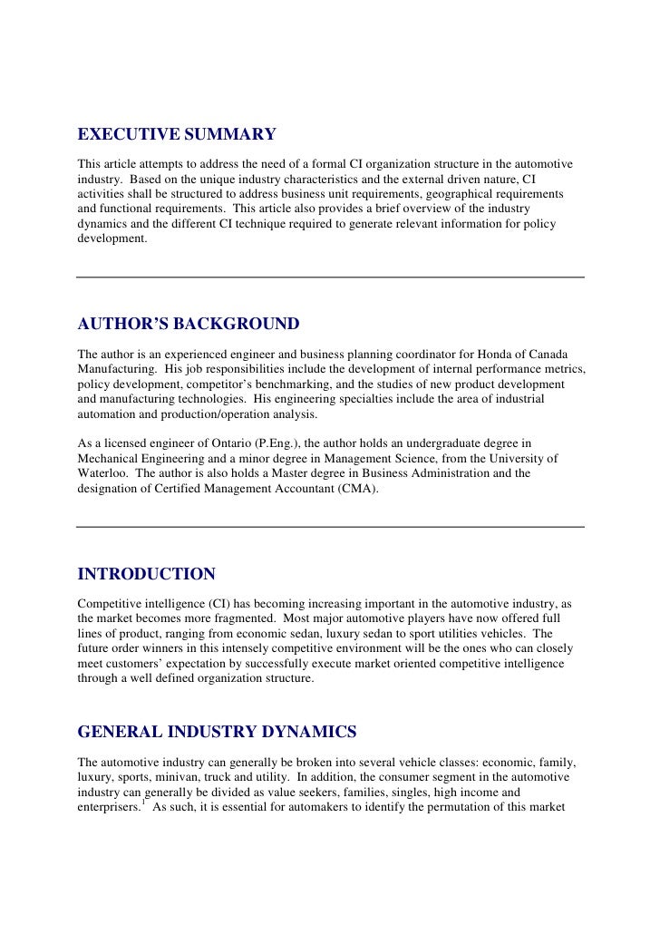 competitive intelligence structure for automotive companies executive summary structure