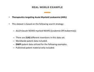 REAL WORLD EXAMPLE
• Therapeutics targeting Acute Myeloid Leukaemia (AML)
• This dataset is based on the following search strategy:
– ALLD=(acute NEAR3 myeloid NEAR3 (Leukemia OR leukaemia));
– There are 2142 different inventions in this data set.
– Worldwide patent data included.
– DWPI patent data utilized for the following examples.
– Published patent material only included.
 