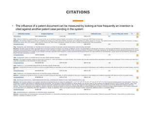 CITATIONS
• The influence of a patent document can be measured by looking at how frequently an invention is
cited against another patent case pending in the system
 