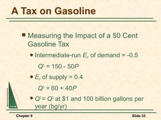 A Tax on Gasoline

      Measuring the Impact of a 50 Cent
       Gasoline Tax
        Intermediate-run     EP of demand = -0.5
             QD = 150 - 50P
        EP   of supply = 0.4
             QS = 60 + 40P
        QS =   QD at $1 and 100 billion gallons per
            year (bg/yr)
Chapter 9                                      Slide 33
 