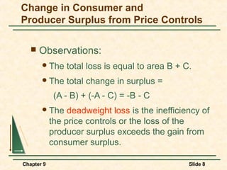 Change in Consumer and
Producer Surplus from Price Controls

      Observations:
        The    total loss is equal to area B + C.
        The    total change in surplus =
             (A - B) + (-A - C) = -B - C
        The     deadweight loss is the inefficiency of
            the price controls or the loss of the
            producer surplus exceeds the gain from
            consumer surplus.

Chapter 9                                        Slide 8
 