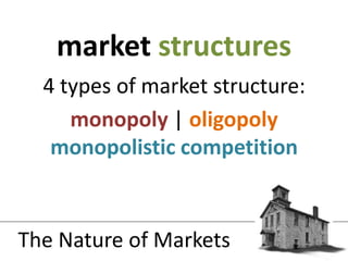4 types of market structure:monopoly | oligopolymonopolistic competition perfect competitionmarket structuresThe Nature of Markets