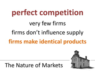 very few firmsfirms don’t influence supplyfirms make identical productsperfect competitionThe Nature of Markets