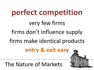 very few firmsfirms don’t influence supplyfirms make identical productsentry & exit easyperfect competitionThe Nature of Markets